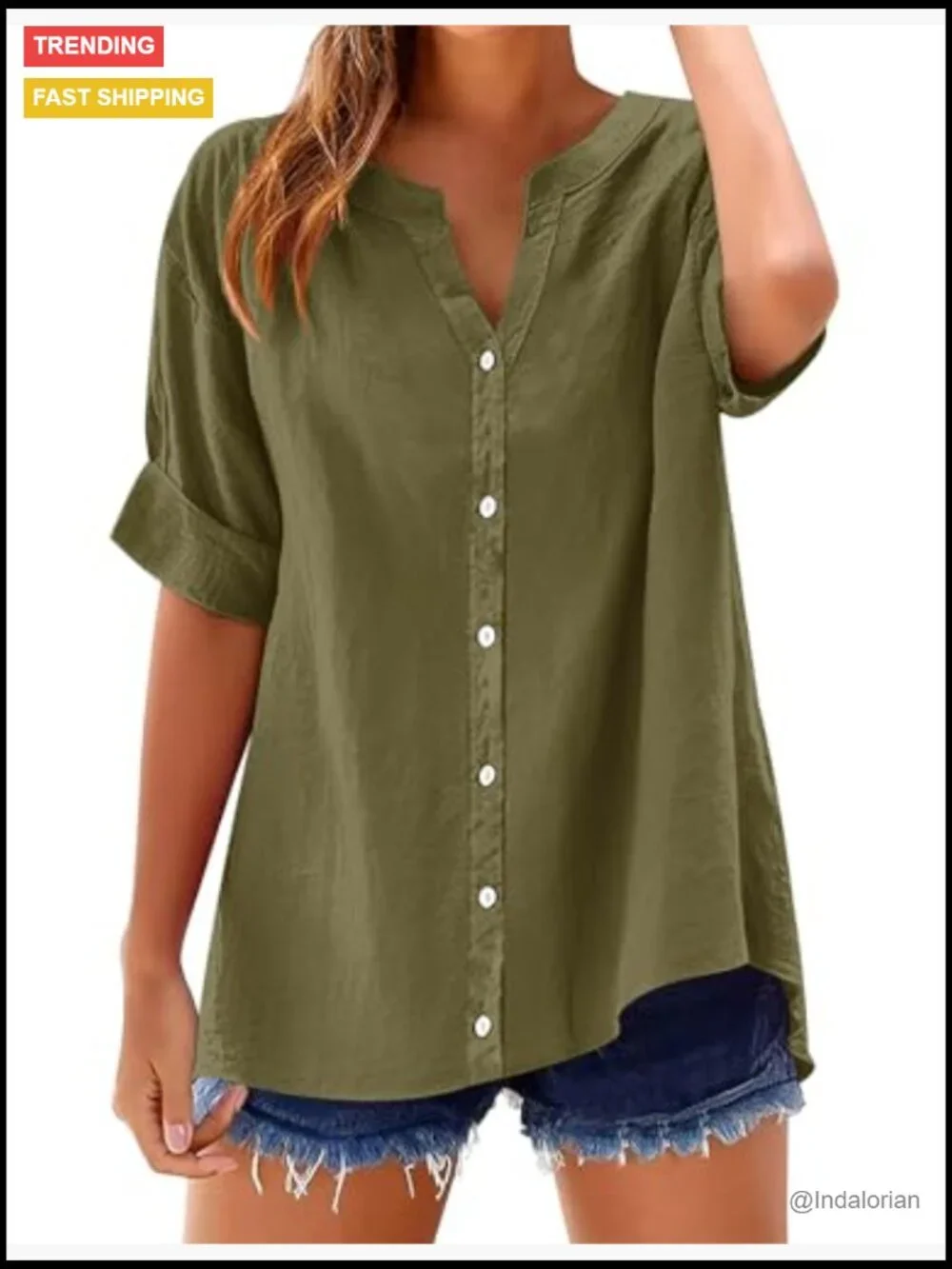 Cotton Linen 3/4 Sleeve Button Down Tunic Blouse Loose Fit V Neck - Picture 2 of 7